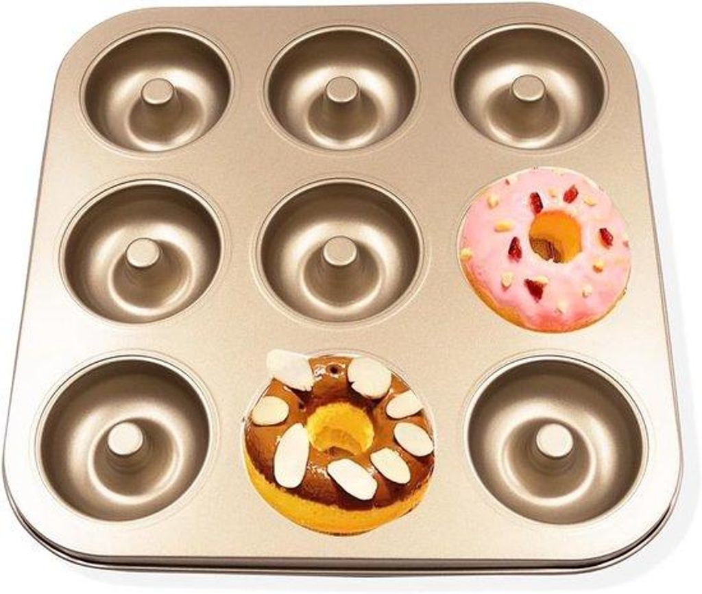 Kugelhohlform mit 9 Löchern und Antihaftbeschichtung Backblech aus Kohlenstoffstahl Geeignet für Donuts, Muffins und Cupcakes Goldfarbene Oberfl...