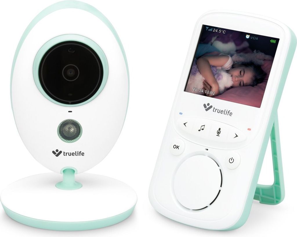 A baby monitor camera and its parent unit are displayed side-by-side against a white background.