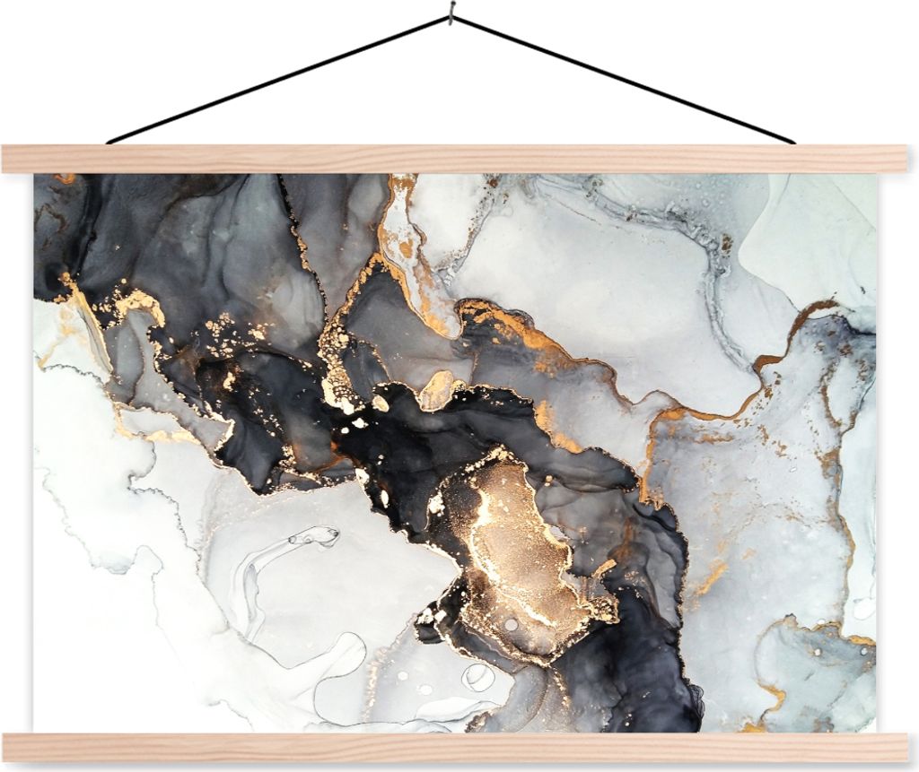 MuchoWow Textilposter Marmor - Schwarz - Weiß - Gold - Luxus - Abstrakt 60x40 cm mit holzfarbenen Rahmen - Bilder