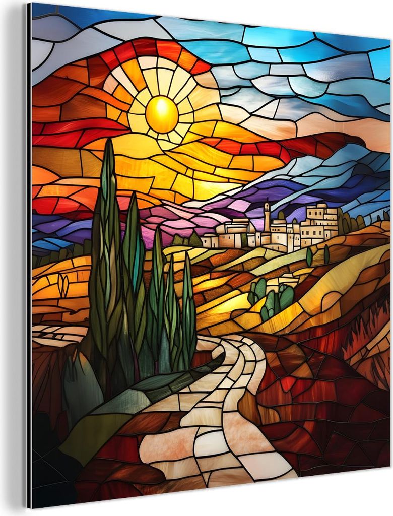 MuchoWow Wanddekoration Metall Metallbild Wandkunst 20x20 cm Mosaik - Sonne - Landschaft - Dorf MuchoWow Aluminium Gemälde - Alu Dibond Bilder