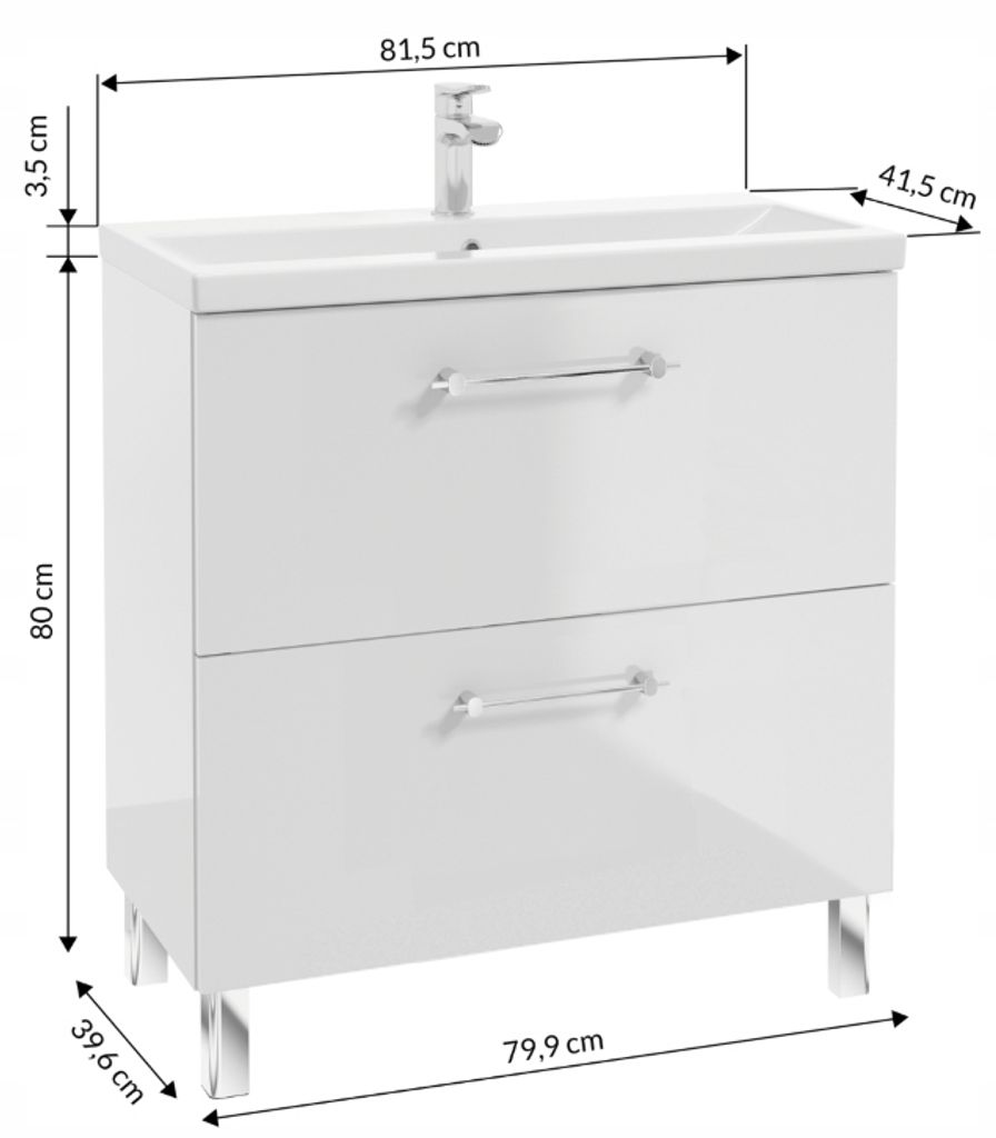 A white gloss bathroom vanity with a sink and faucet, shown with dimensions indicated by measurement lines and text.