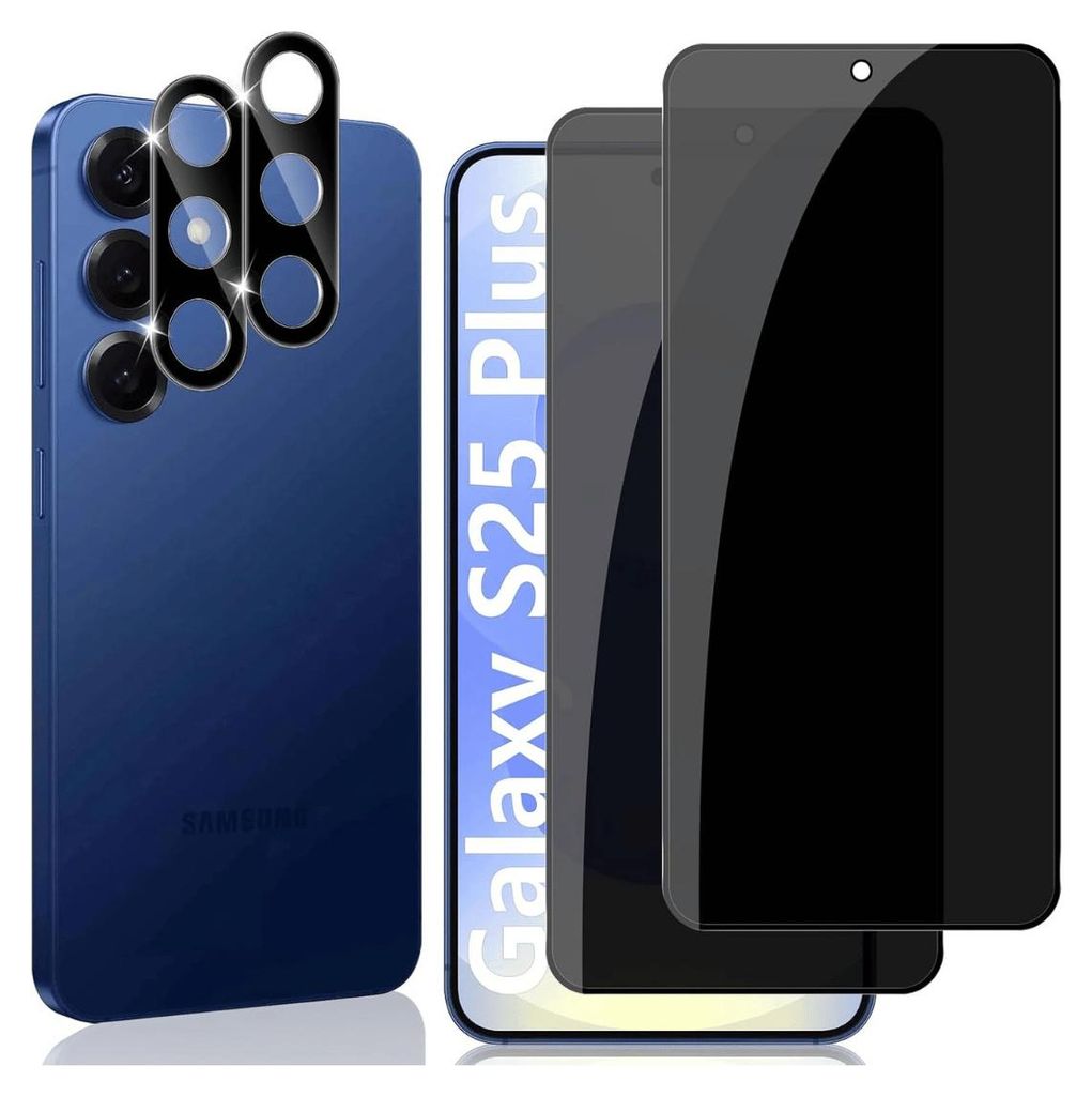 A blue smartphone with a camera lens protector and two screen protectors are displayed against a white background.