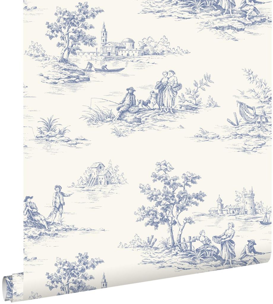 ESTAhome Tapete Toile de Jouy Blau und Weiß 50 x 900 cm