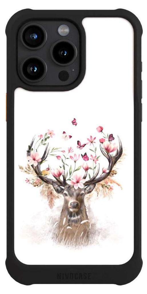 NIVOCASE Hülle für Apple iPhone 15 Pro Max Stoßfeste Handyhülle NIVOmax Case Schwarz Blumen Hirsch Tiere
