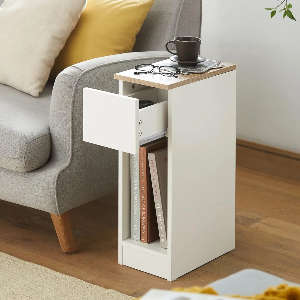 Table Basse Étroite 20cm de Large avec Tiroir en Bois Blanc pour Bureau