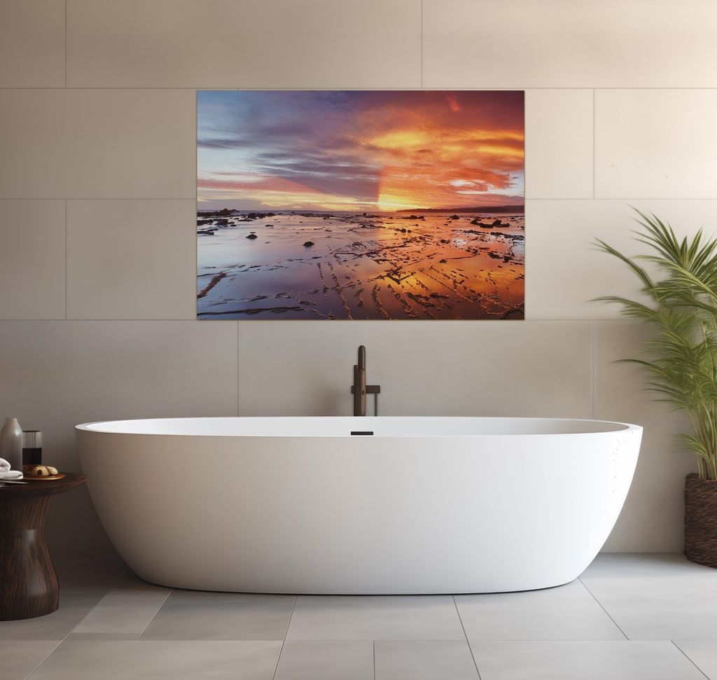 Wallario wasserfestes Poster selbstklebend 70 x 100 cm, Wattwanderung am Meer bei Sonnenuntergang, Badezimmerposter Spritzschutz mit Hochglanzoberf...