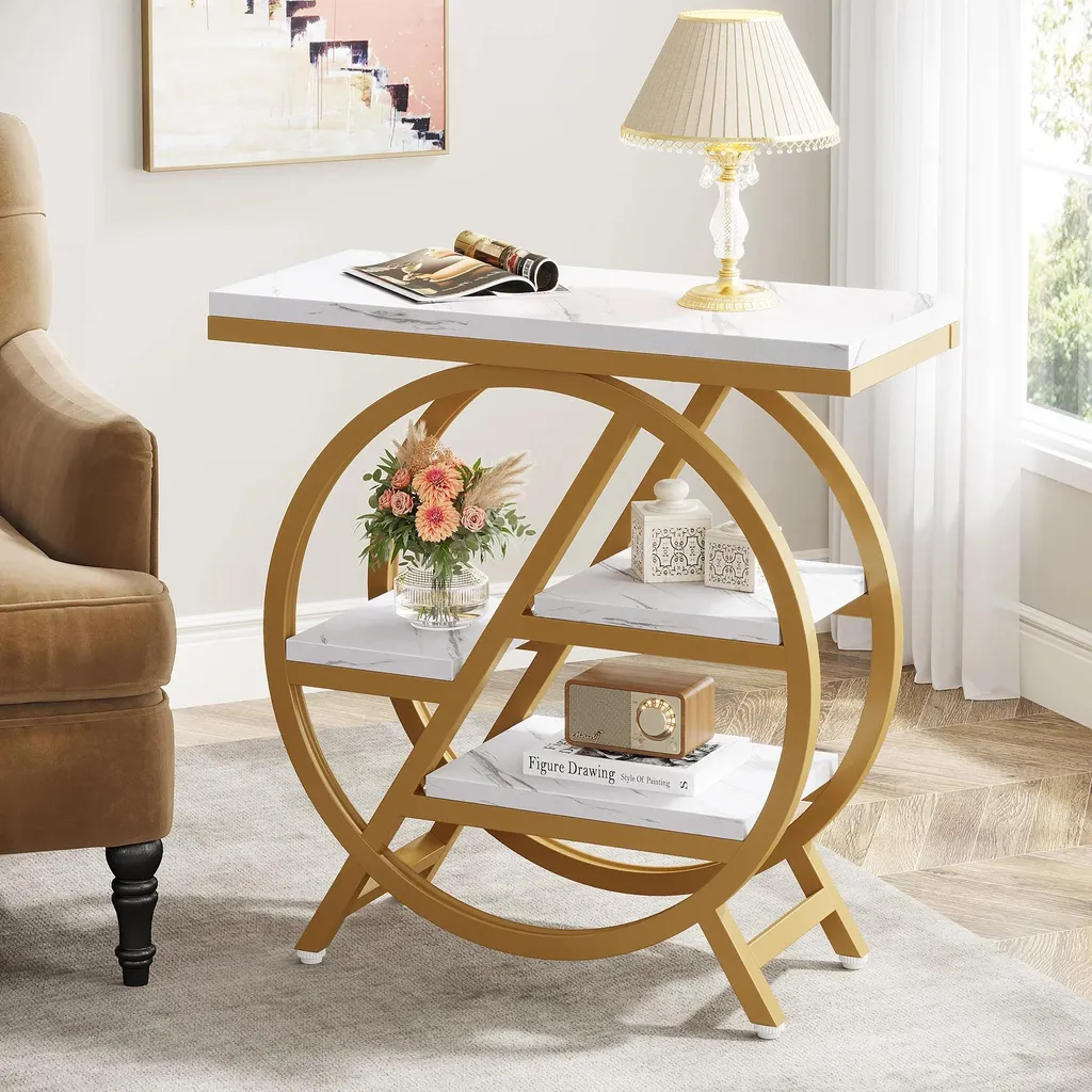 Table d'appoint étroite 3 niveaux 30x65 cm structure métal blanc et or