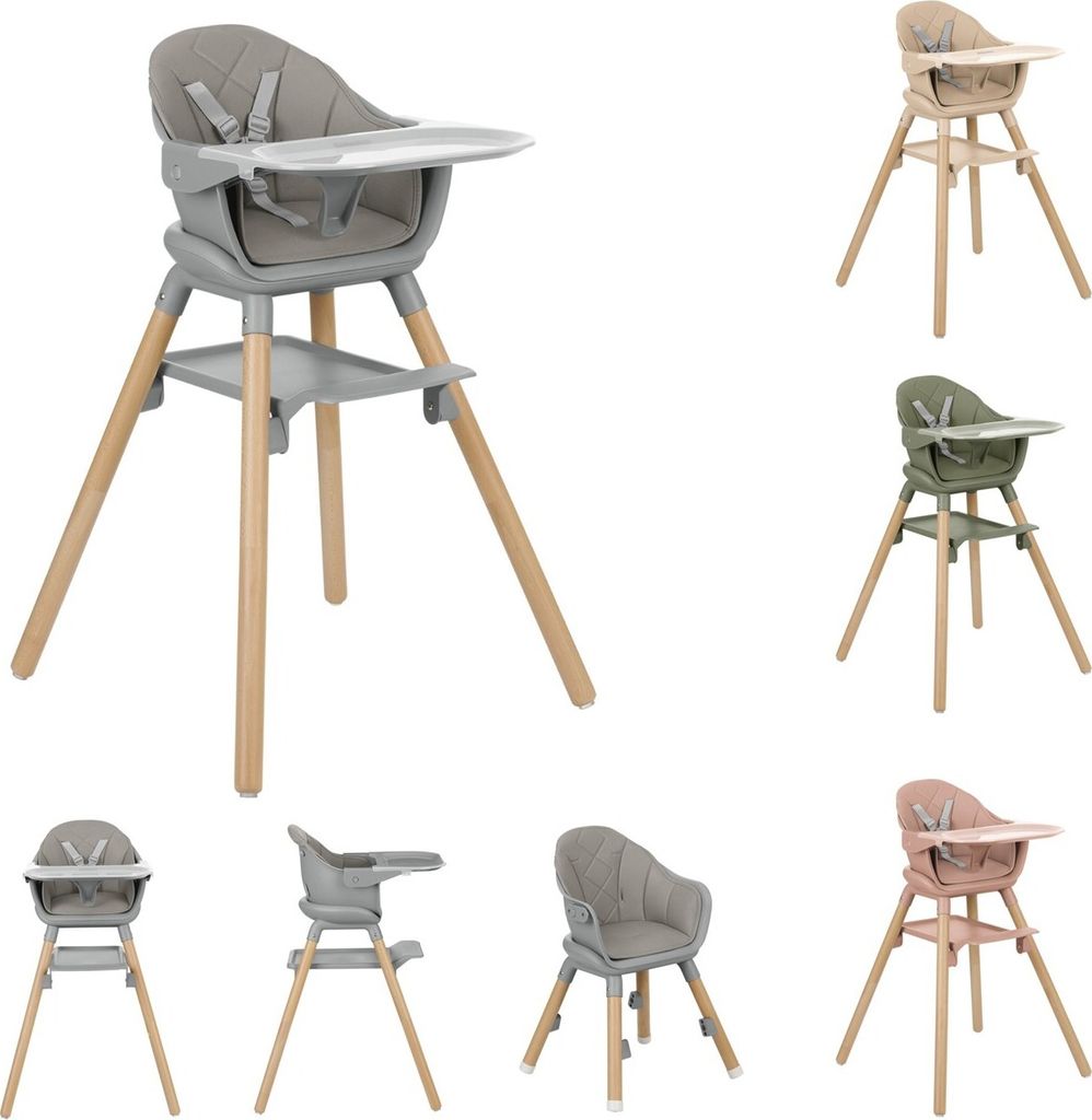 Kikkaboo Kinderhochstuhl Woody 3 in 1 Holzbeine Kinderstuhl Fußstütze Tablett grau