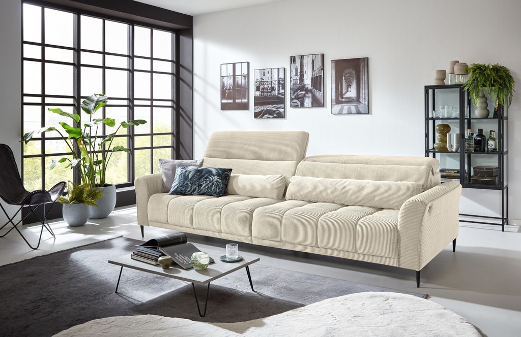 Big-Sofa >Wolve< 1x elektr. Verstellung, 2 Kissen, Cord creme - 280x108x118cm (BxHxT)