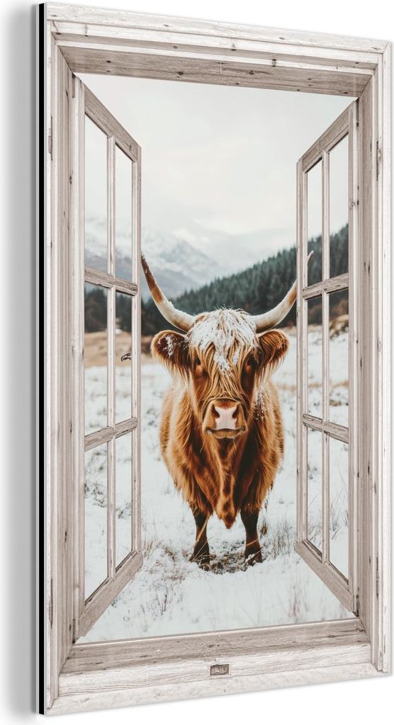 MuchoWow Wanddekoration Metall Metallbild Wandkunst 40x60 cm Schottische Hochlandrind - Winterlandschaft - Ländlich - Berge - Ausblick MuchoWow Al...