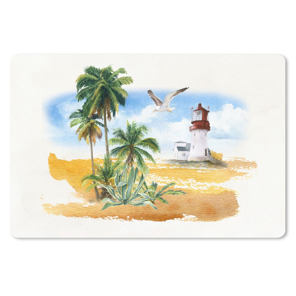 MuchoWow Schreibtischunterlage Leuchtturm - Palme - Strand 60x40 cm - XXL Mauspad - Großes Mauspad