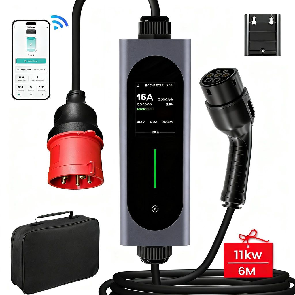 11kW APP Tragbare EV Ladegerät Typ 2 CEE Stecker, 3-phasig, 16A, 6m, mit BT/WLAN App, Stromregelung (6-16A) & Timer IP65, Aluminiumgehäuse