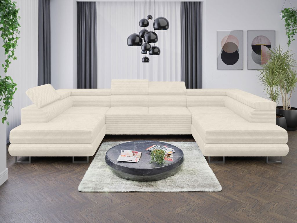 Sofa Couchgarnitur Sofagarnitur ALMA U im Cord Stoff mit Schlaffunktion und Bettkasten Wohnlandschaft Couch Polsterecke Eckcouch Polstergarnitur