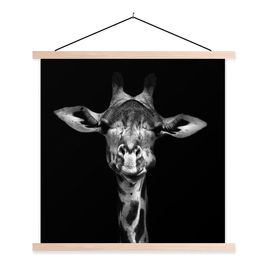 MuchoWow Textilposter Giraffe - Porträt - Tiere - Schwarz - Weiß 40x40 cm mit holzfarbenen Rahmen - Posterleiste
