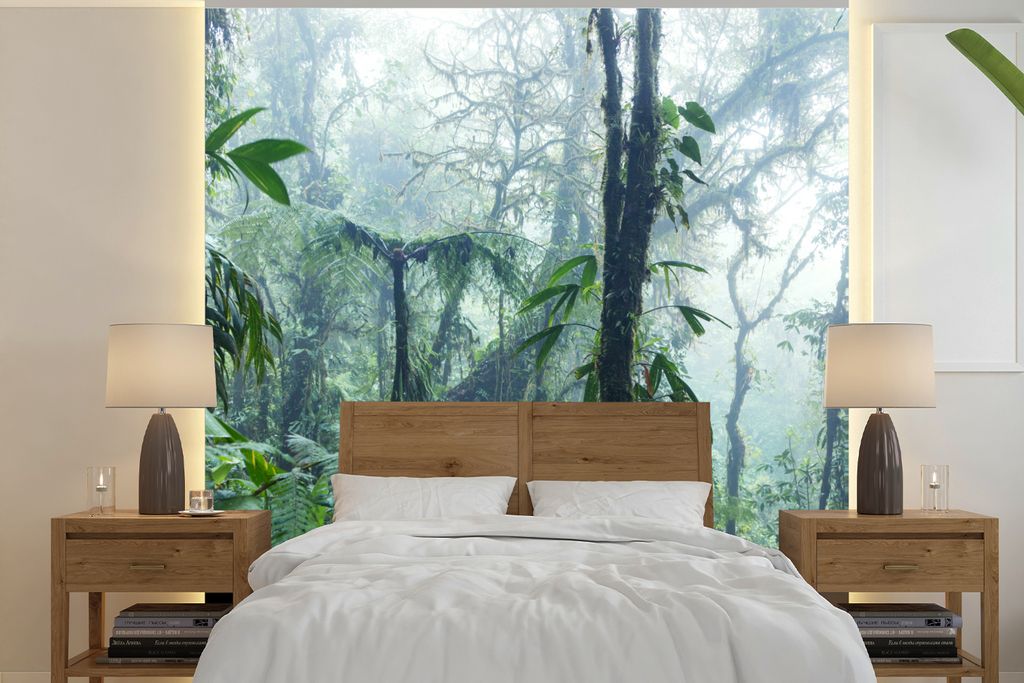 MuchoWow Fototapete für Wohnzimmer oder Schlafzimmer Wandtapete Vinyl Motivtapete Ein nebliger Regenwald in Costa Rica - 260x260 cm - Papiertapeten