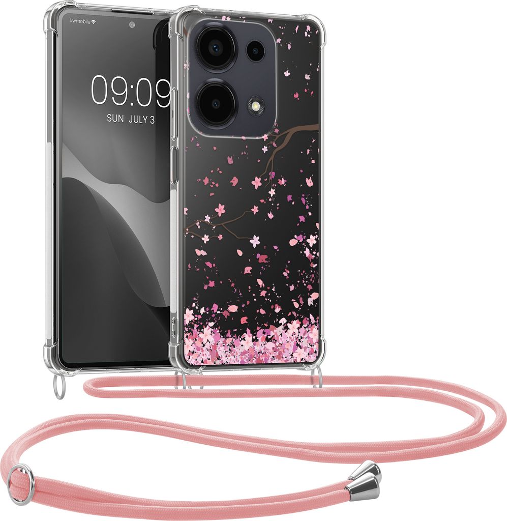kwmobile Necklace Case kompatibel mit Xiaomi Redmi Note 13 Pro 4G Hülle - Silikon Cover mit Handykette - Rosa Dunkelbraun Transparent