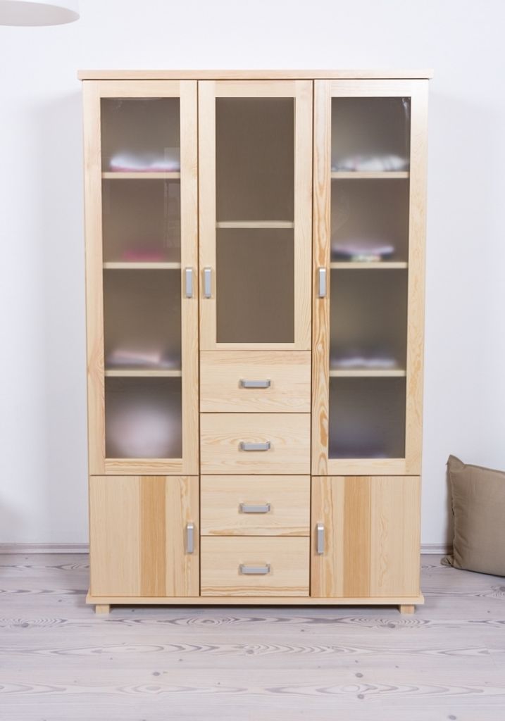 Vitrine / Kleiderschrank Columba 01 | Kiefer massiv | Farbe: Natur |121 x 50 x 194 cm (L x T x H) | 11 Fächer | Milchglasscheiben | 4 Schubladen