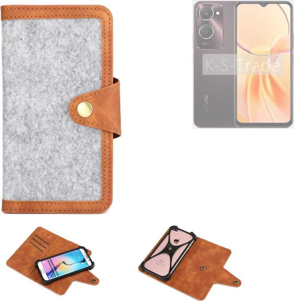K-S-Trade Handyhülle kompatibel mit Vivo Y28e 5G Schutzhülle Filz-Hülle Kunst-Leder hellgrau braun (1x)