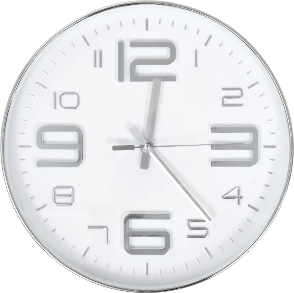 Horloge murale silencieuse argentée 30 cm avec cadran épuré et lisible.