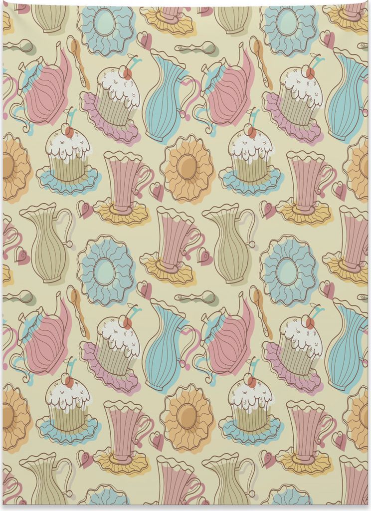 Abakuhaus Tee-Party Wandteppich, Retro Kuchen-Tassen aus Weiches Mikrofaser Stoff Kein Verblassen Klare Farben Waschbar, 110 x 150 cm, Mehrfarbig