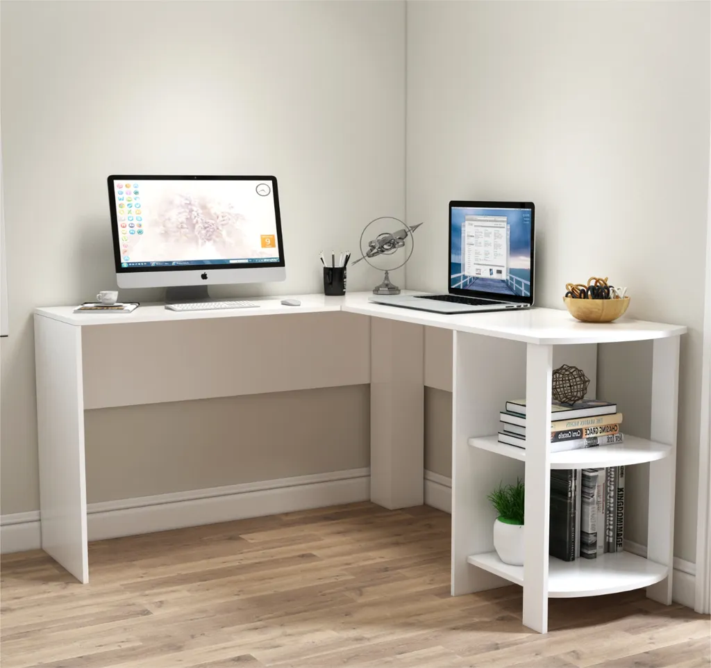 Mondeer Bureau d'angle en L avec 2 étagères arrondies Blanc pour PC