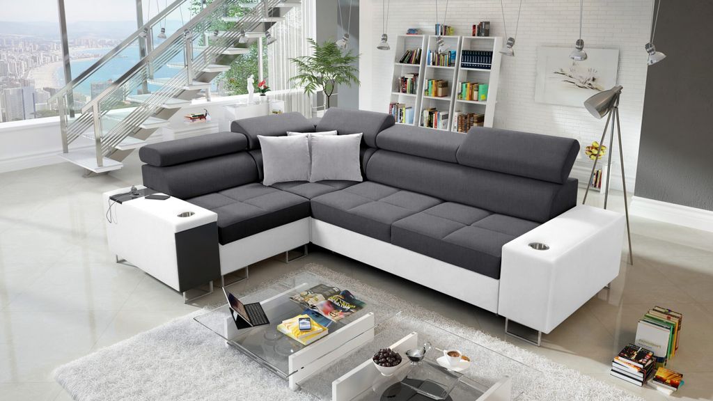 Kaiser Möbel Elegantes Ecksofa mit Konsole und Ladegerät MORENA II Kunstleder/Sawana Weiß/Graphit Links
