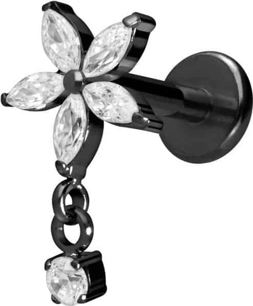 Ohrpiercing, Nasenpiercing Titan Labret mit Innengewinde KRISTALLBLUME + KRISTALL Schwarz Stablänge: 10mm | Stabstärke: 1,6mm