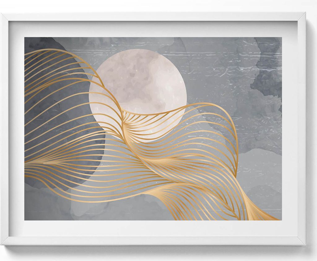 Abstrakte Illustration des Mondes mit Gold– Wandbild mit Rahmen – Gerahmtes Bild – Wanddekoration – 80x60 cm – Weiß Rahmen
