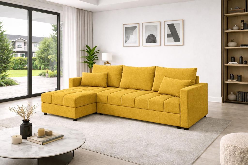 Aurelia L Wohnlandschaft Couchgarnitur Ecksofa in L-Form mit Schlaffunktion, Bettkasten und Kissen
