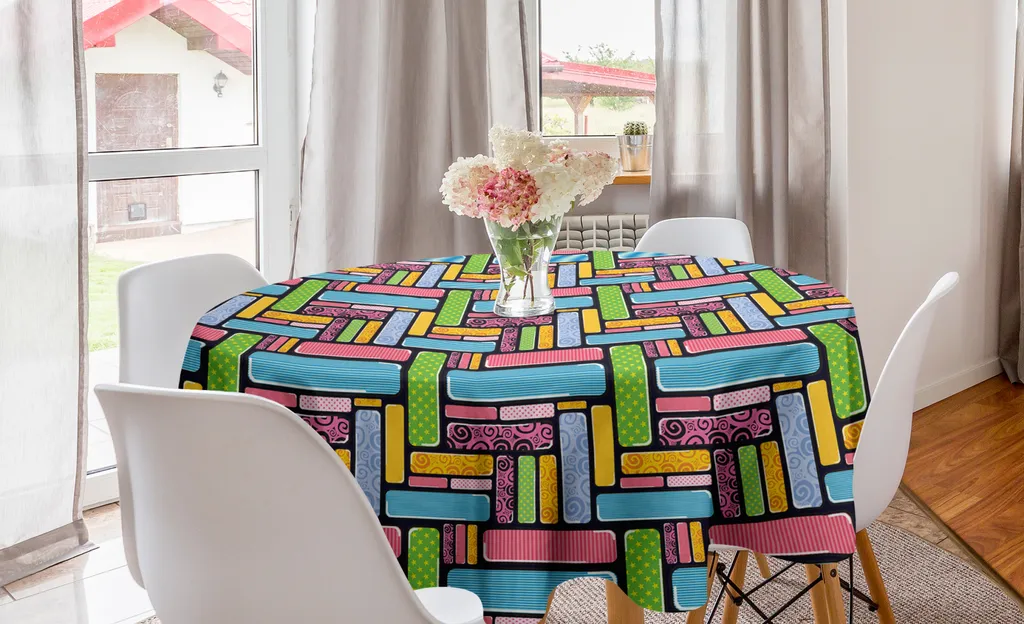 ABAKUHAUS Tovaglia rotonda astratta, stelle, linee, punti, cerchi, tovaglia circolare per sala da pranzo, decorazione cucina, 150 cm, multicolore