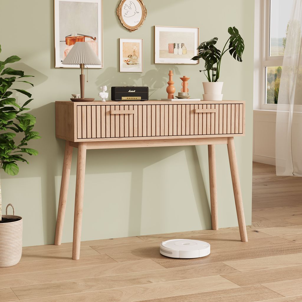 Fortuna Lai Konsole Tisch / Sofatisch - Naturholzfarben mit 2 Schubladen, Moderner Beistelltisch für Flur und Wohnzimmer