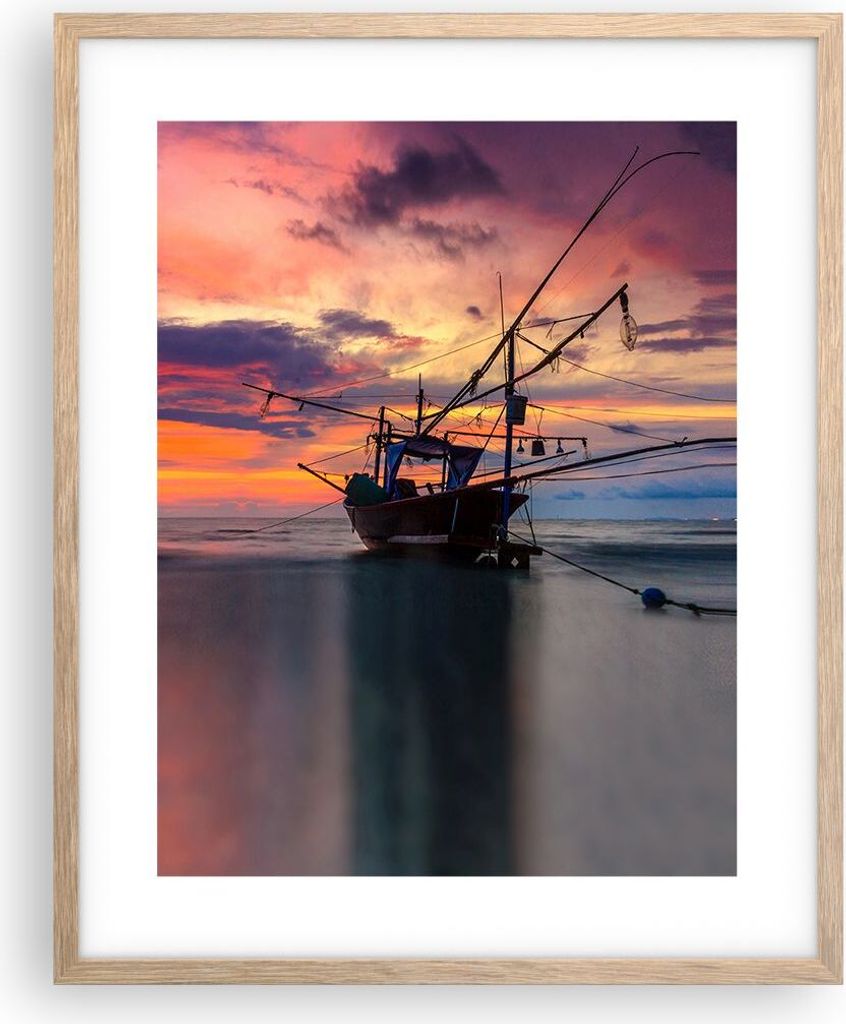 Gerahmtes Poster - Rahmen in heller Eiche - Asien Boot Kutter - 40x50 cm - Wand Bild - Wanddeko - Wandbilder - Wandposter - Bilderrahmen - Bilder -...