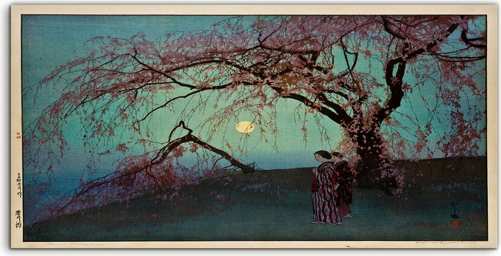 Coloray Acrylbild 140x70 Wandbild Acrylbilder Blumen Japanische Baum Mond Nacht Frau
