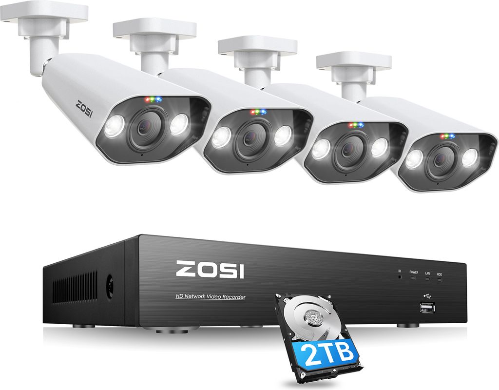 ZOSI 4K POE Überwachungskamera System mit 8CH 2TB HDD NVR und 4X 8MP Outdoor PoE IP Kamera, Personenerkennung, Weißlicht, C182