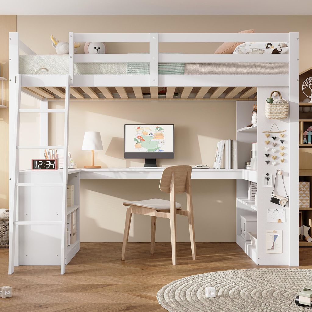 Hochbett, Kinderbett, Praktisches Ablageregal, Sicherheitsgeländer, Filztuch zum Aufhängen von Gegenständen, Stabile Schrägleiter, Kiefer + Spa...