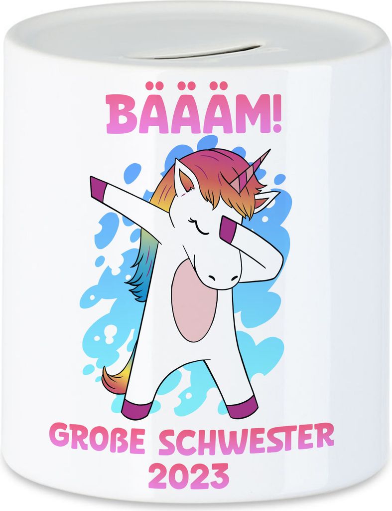 Bäääm Große Schwester 2023 Spardose Einhorn Schwangerschaft Ankündigung Babyparty Babyshower Geschwister