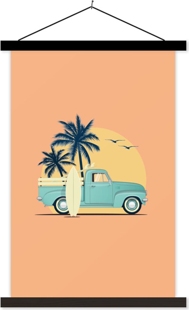 MuchoWow Textilposter Auto - Palme - Surfbrett - Sommer 120x180 cm mit schwarzem Rahmen - Fotos