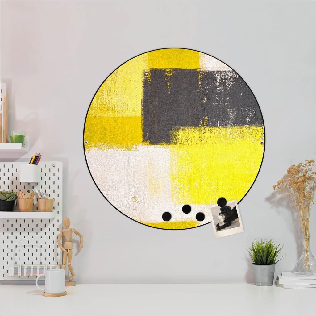 Design Stahlmagnettafel Schwarz Rund 47cm Abstrakt Gelb
