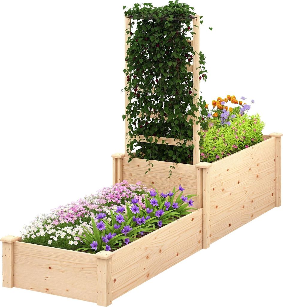 Outsunny Pflanzkasten mit Rankgitter, Hochbeet, 2-stufiger Pflanzkasten mit offenem Boden, Blumenkasten aus Holz fš¹r Balkon, Terrasse, Patio, 22...