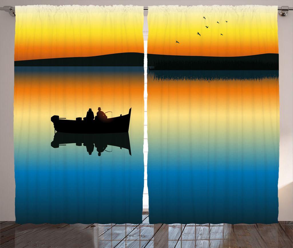 ABAKUHAUS Natur Rustikaler Gardine, Sonnenuntergang am See Fischen, Schlafzimmer Kräuselband Vorhang mit Schlaufen und Haken, 280 x 225 cm, Orange...