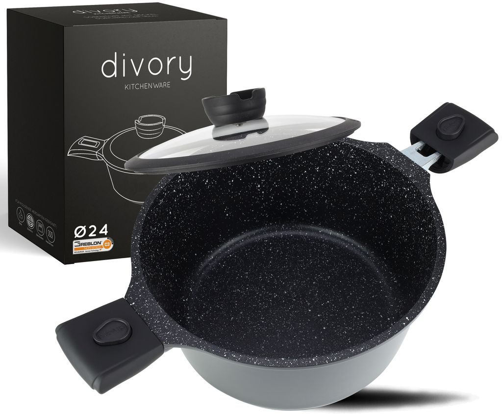 DIVORY Großer Kochtopf 24cm – 4L Topf groß mit Deckel, Gemüsetopf Induktion,Suppentopf mit abnehmbaren Griffen, Fleischtopf hoch