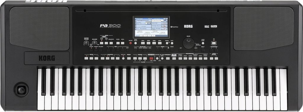 A black Korg PA300 keyboard is shown from a front-facing, slightly elevated angle against a black background.