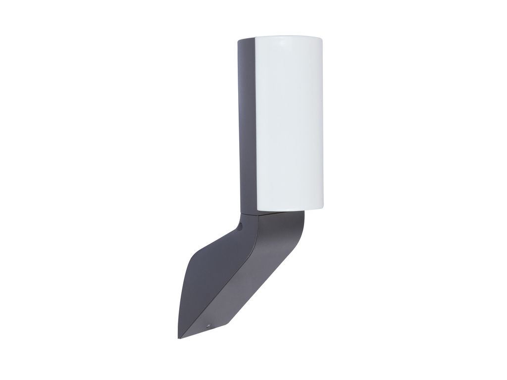 A modern outdoor wall light with a gray base and a white cylindrical light cover, isolated on a white background.