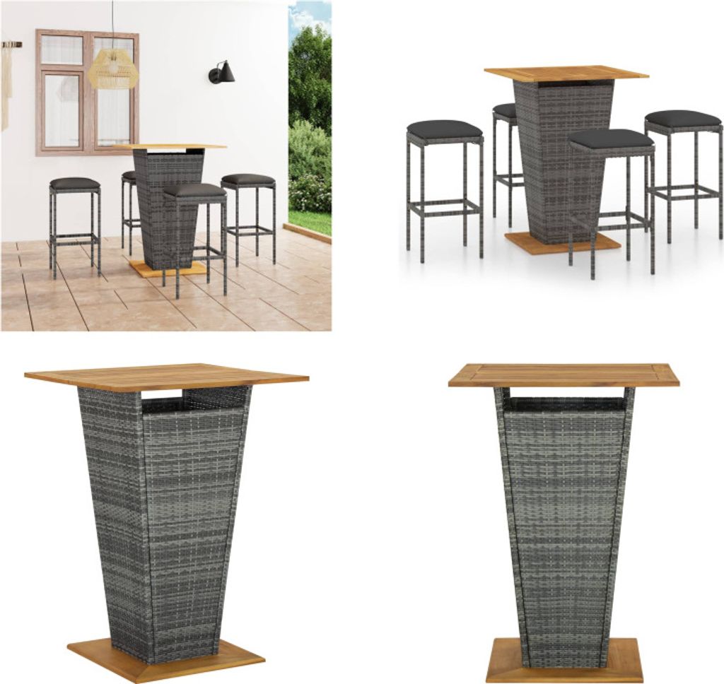 vidaXL 5 tlg. Gartenbar Set mit Kissen Poly Rattan Grau - Bar-Set - Bar-Sets - Bartisch Und Barhocker - Bartisch