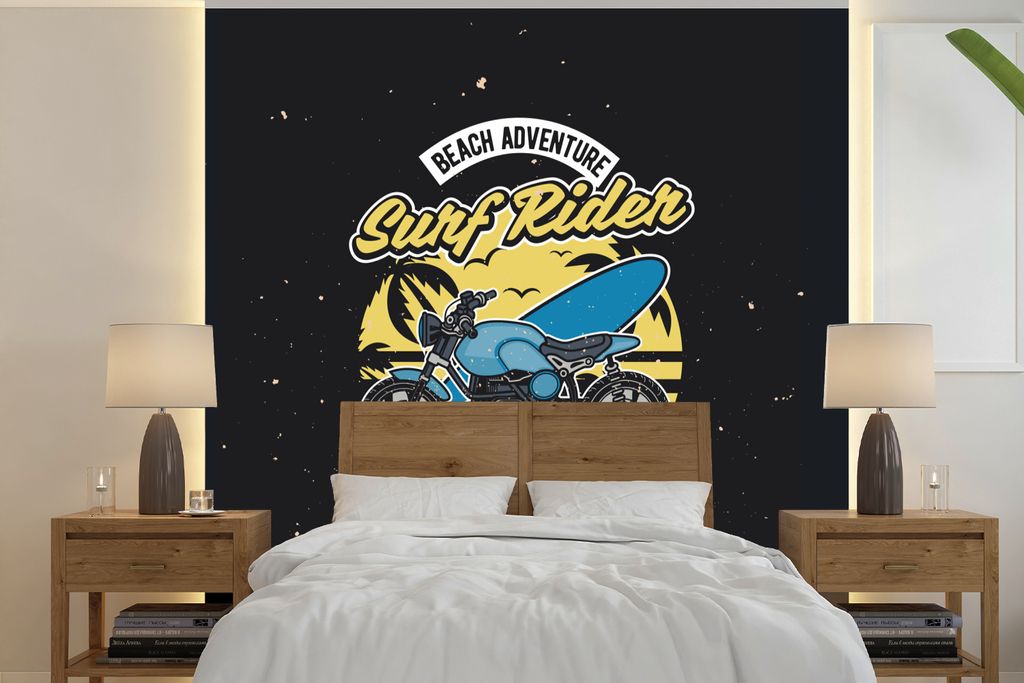 MuchoWow Fototapete für Wohnzimmer oder Schlafzimmer Wandtapete Vinyl Motivtapete Motor - Vintage - Strand - 350x350 cm - Schlafzimmertapete
