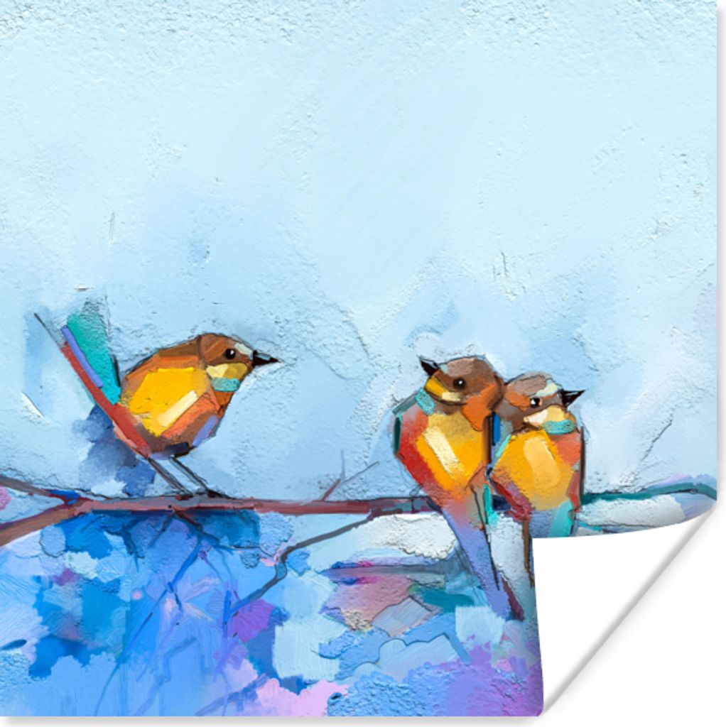 MuchoWow Poster Gemälde - Ölfarbe - Vogel - Zweig 100x100 cm - Babyzimmer