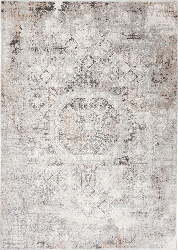 A flat lay image of a rug with a distressed, vintage-inspired pattern.