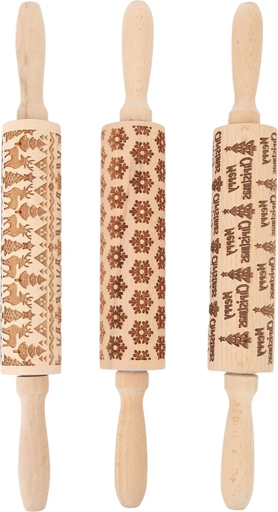 3pcs in legno in rilievo mattarello pin dolce modello di Natale inciso in rilievo per biscotti da forno