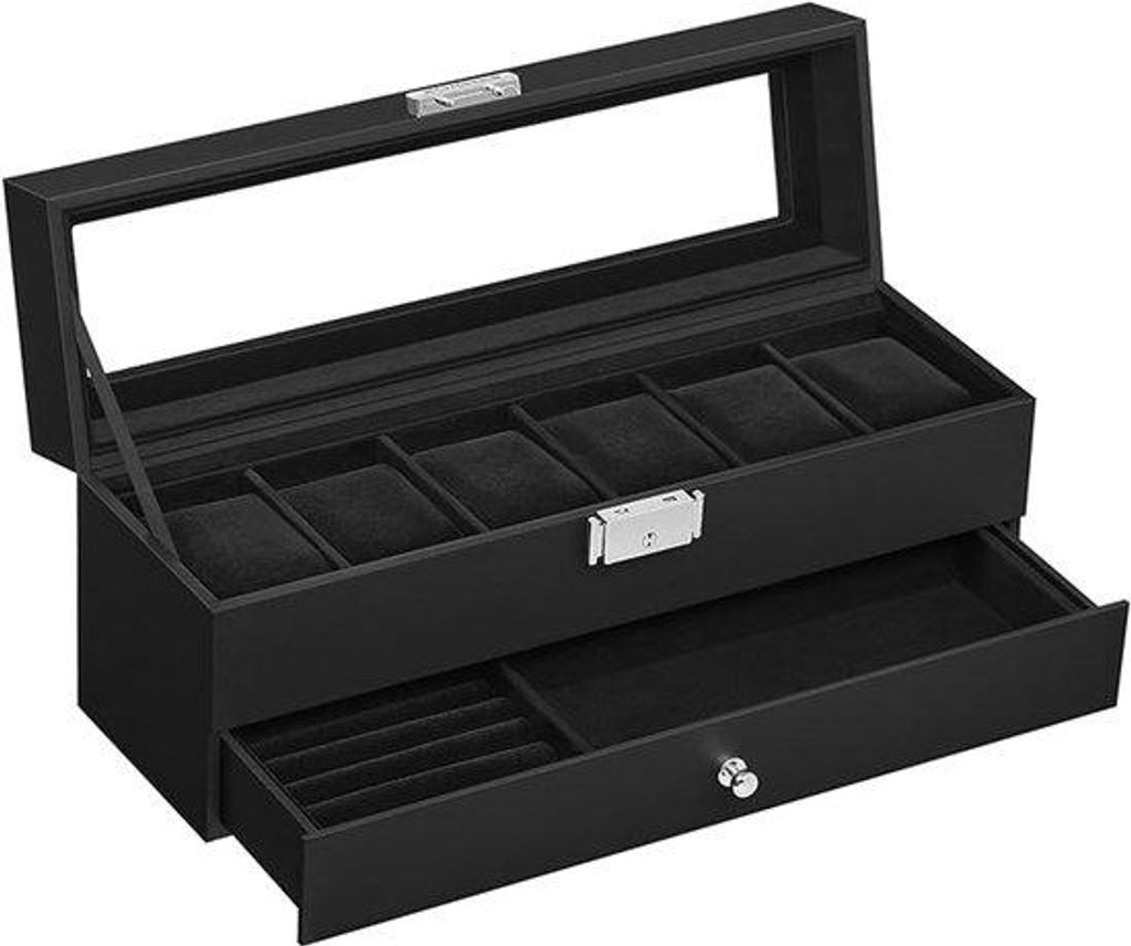 Famanu Uhrenbox mit Glasklappe - 2 Ebenen für 12 Uhren, abschließbar, mit Schublade für Ringe und Armbänder