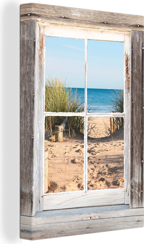 OneMillionCanvasses - Leinwandbilder - 90x140 cm, Aussicht - Strand - Meer, - Geöffnetes Fenster - Fensterblick Schlafzimmer Kunstdruck Wanddeko...